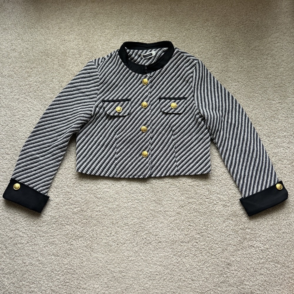Fengpai Black White Striped Tweed Cropped Military Gold Button Jacket Small